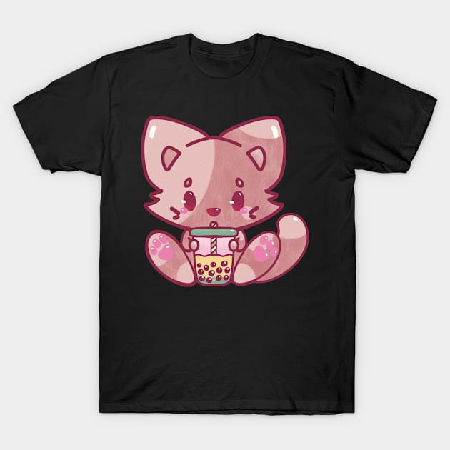 Cat bubble tea kawaii cute adorable chibi hand painted T-Shirt by astronauticarte